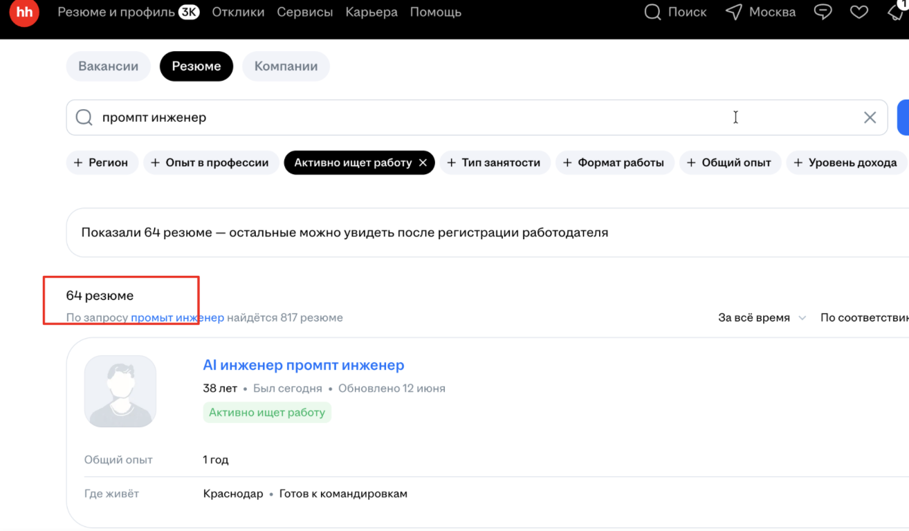 hh.ru: 64 резюме со статусом «активно ищет работу»